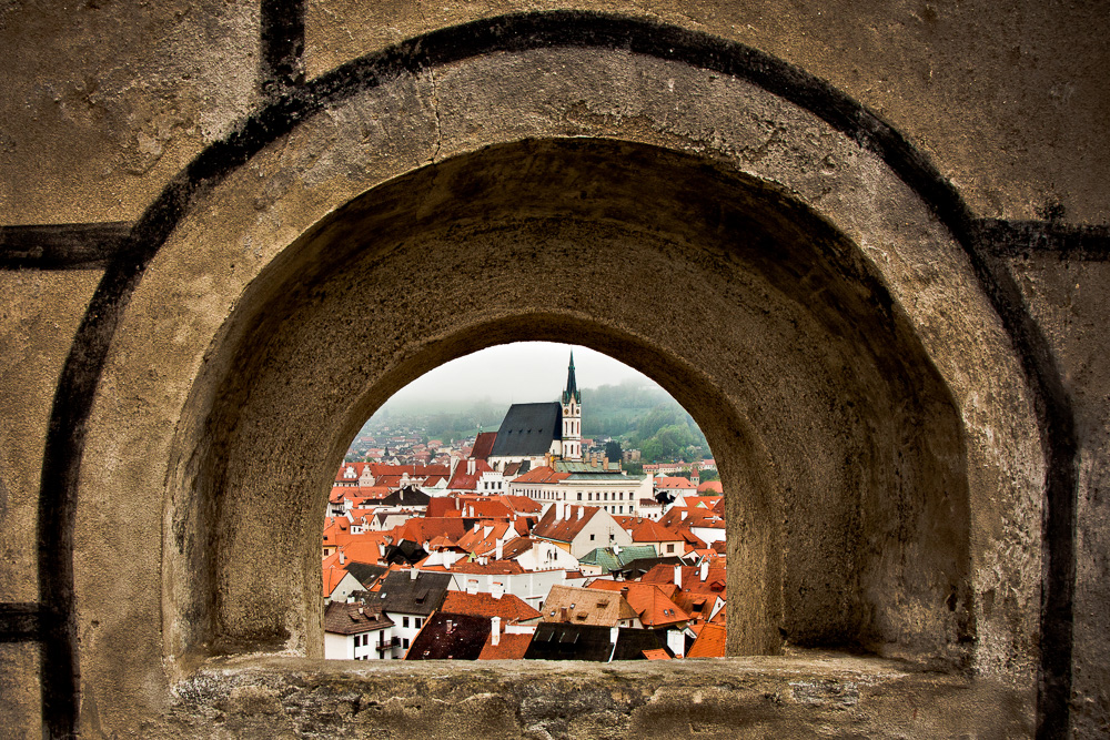 inside the castle at Český Krumlov looking out accross the town.