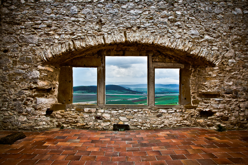 Looking out through the "windows" of the castle to the landscape beyond