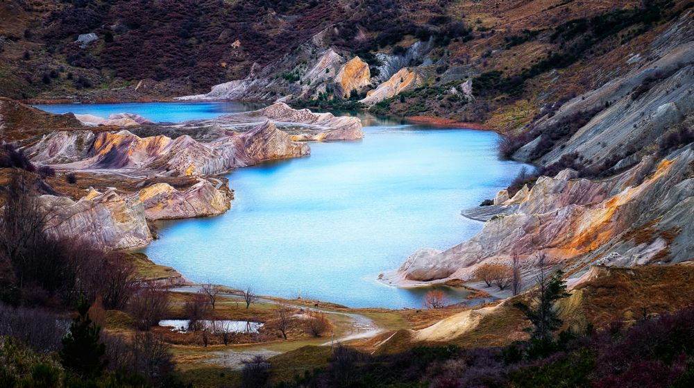 Looking down on the Blue Lake at St Bathans in Central Otago, New Zealand