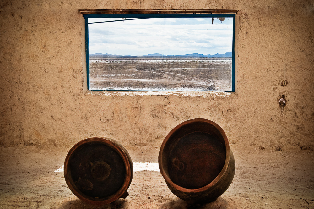 From the inside of a hotel built entirely of salt, looking out accross the salt plain.